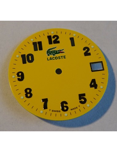 CADRAN HORLOGER POUR MONTRE LACOSTE GUICHET SWISS MADE FOND JAUNE